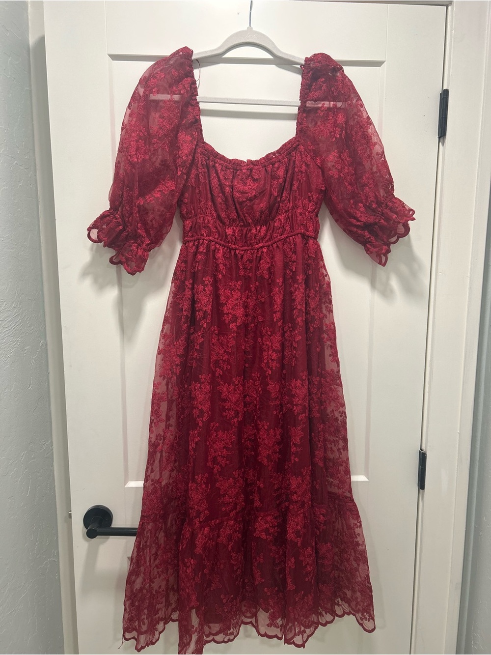 Red Lace Midi Dress with Puff Sleeves